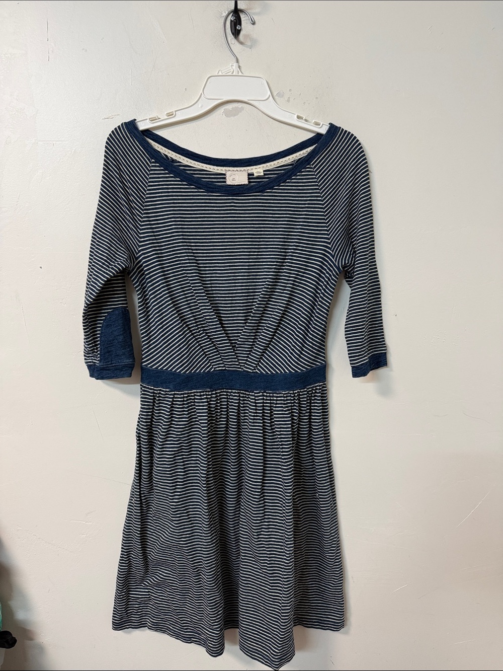 Striped Navy and White Midi Dress with Elastic Waist